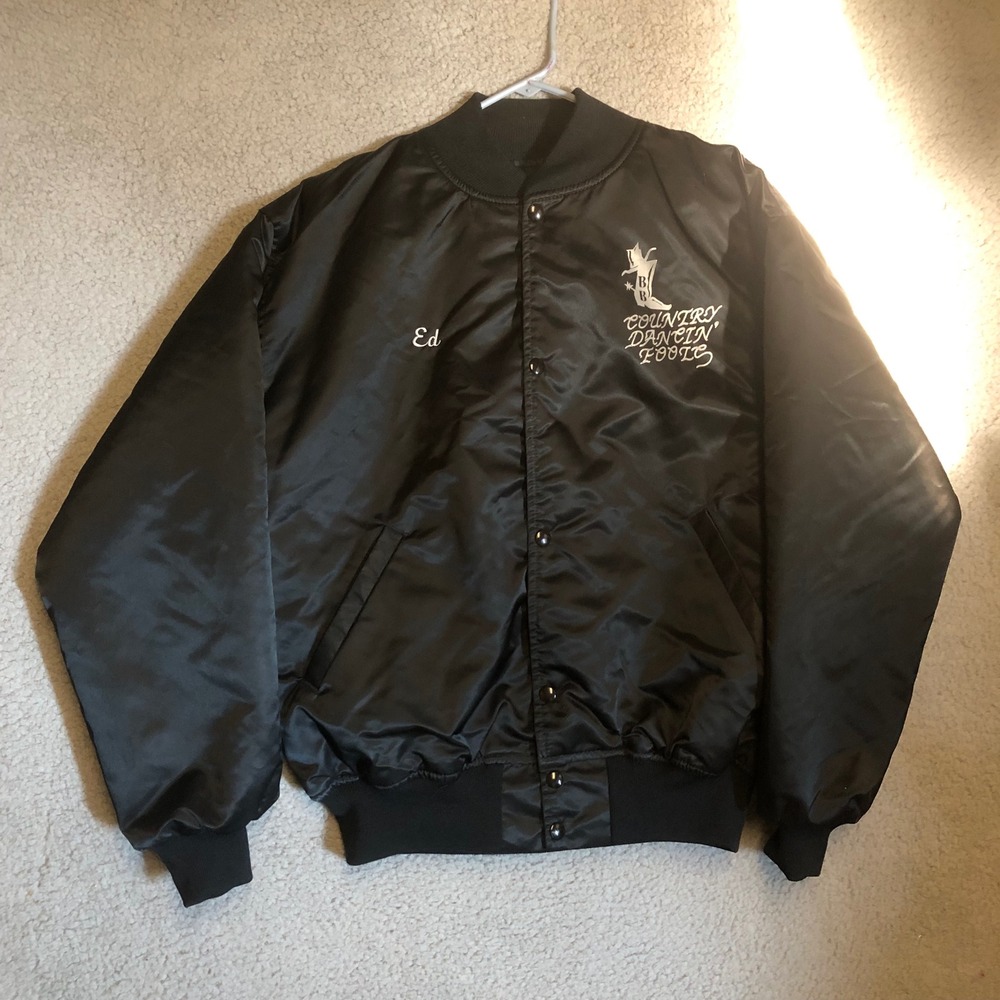 Vtg Game Sportswear Country Dancin Fools Satin Bomber Jacket Black USA Large - Picture 4 of 7